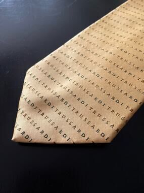 TRUSSARDI Gold Logo Type Print Silk Tie